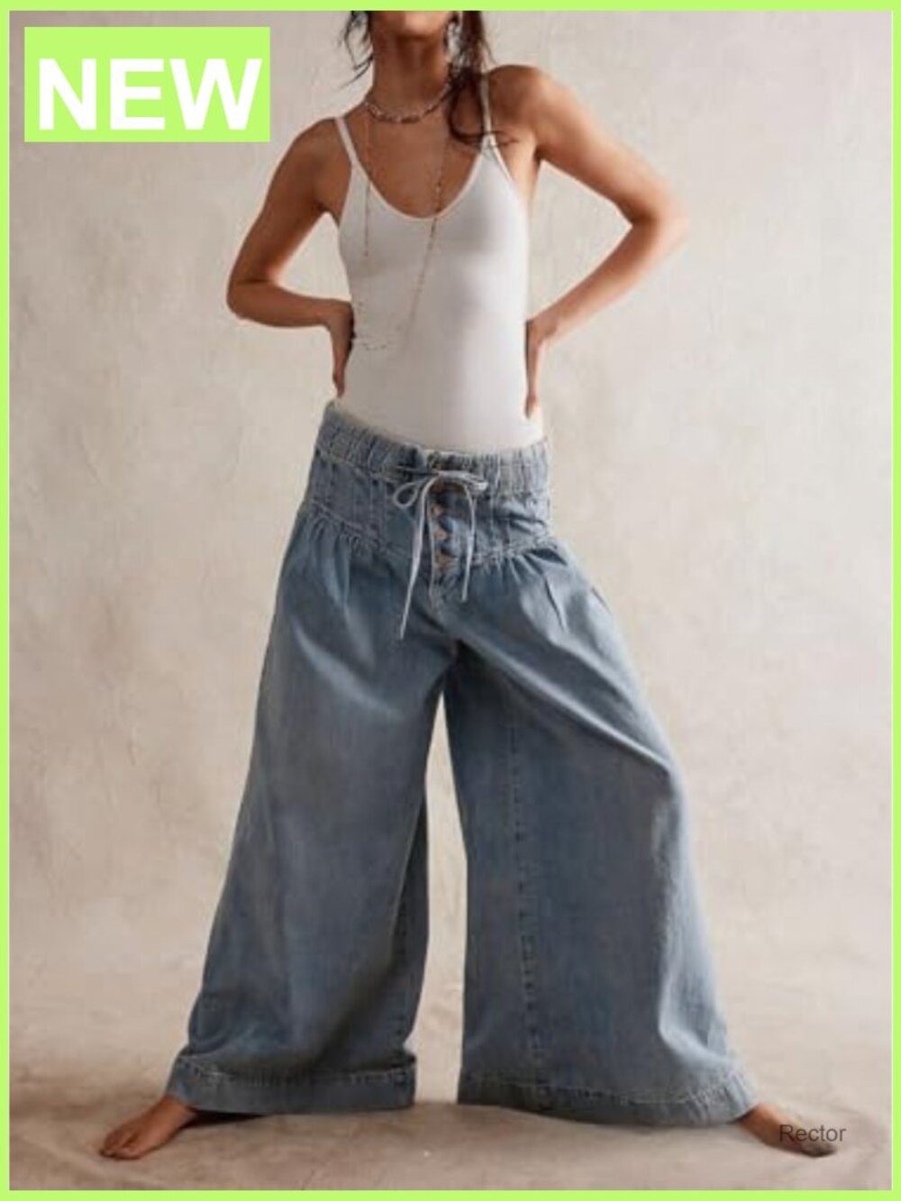 Baggy Wide Leg Denim Pants Drawstring Midi Waisted Flare Jeans Ruffle Pleated - Picture 3 of 7